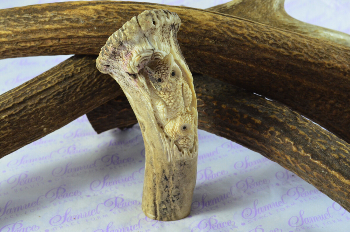 Rare Stag Crown Hand Carved Owls Walking Stick Cane Top Handle Stag Antler Horn Made Sheffield England
