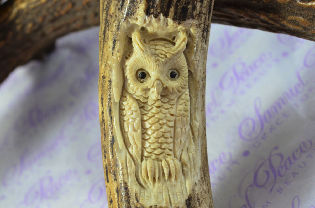 Rare Stag Crown Hand Carved Owls Walking Stick Cane Top Handle Stag Antler Horn Made Sheffield England - Image 5