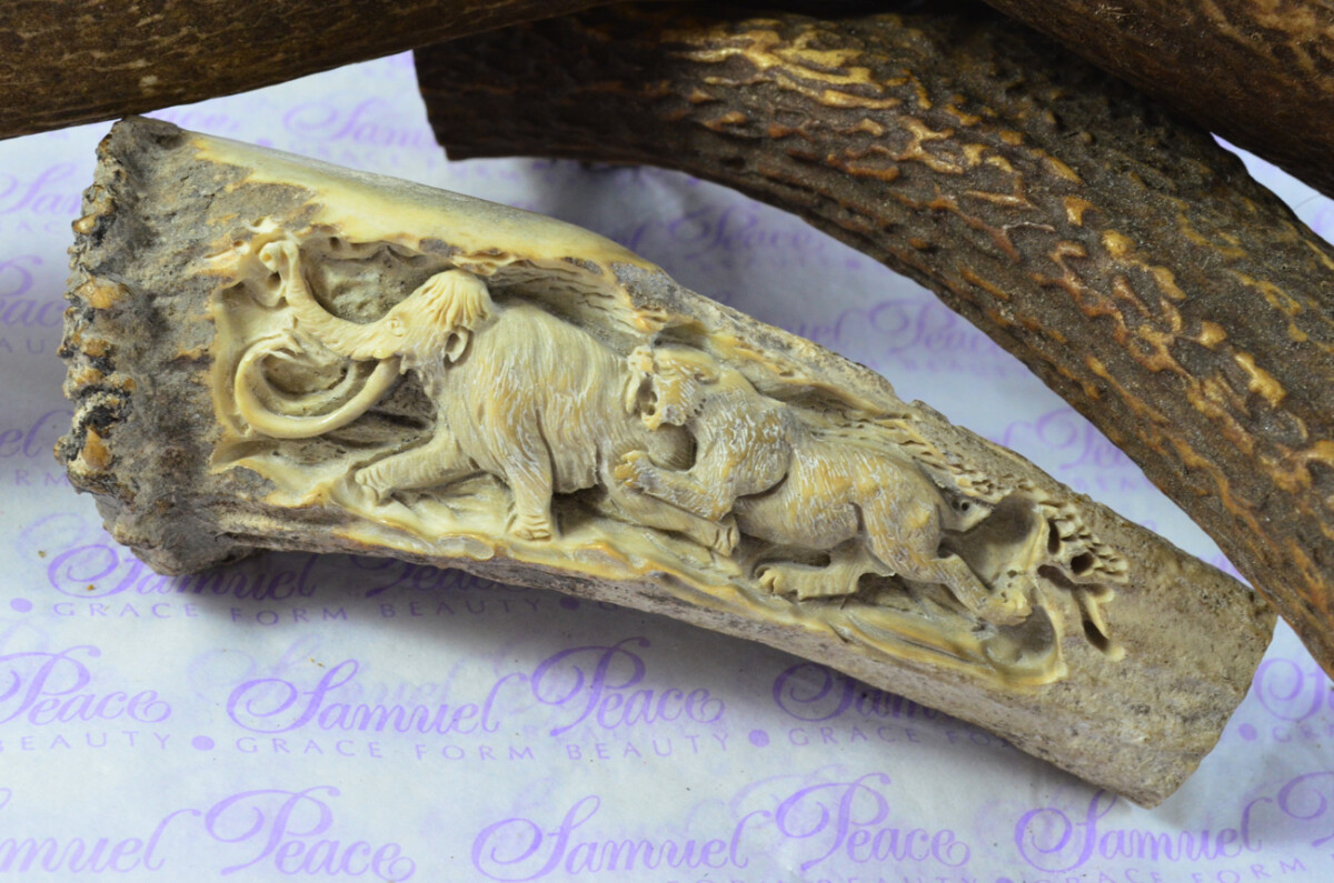 Breathtaking Wooly Mammoth & Saber Tooth Tiger Hand Carved Walking Stick Cane Top Handle Stag Antler Horn Made Sheffield England