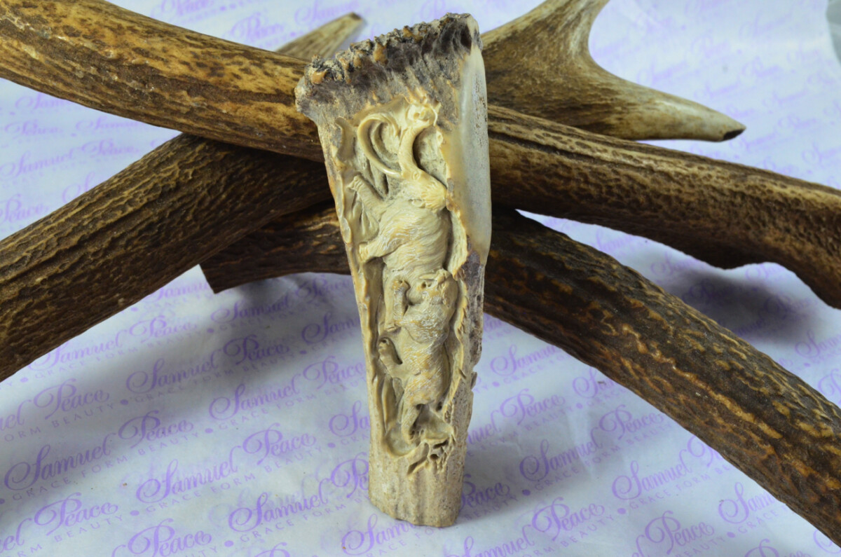 Breathtaking Wooly Mammoth & Saber Tooth Tiger Hand Carved Walking Stick Cane Top Handle Stag Antler Horn Made Sheffield England - Image 3