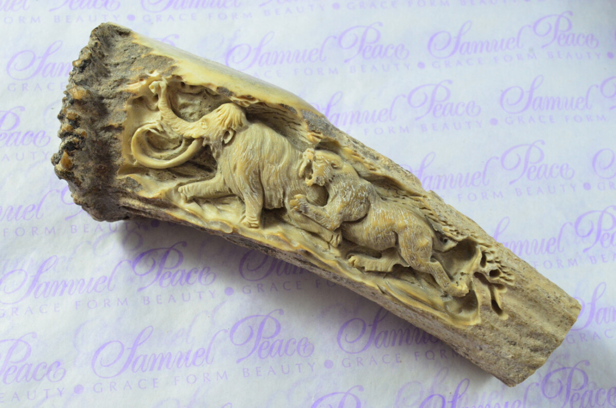 Breathtaking Wooly Mammoth & Saber Tooth Tiger Hand Carved Walking Stick Cane Top Handle Stag Antler Horn Made Sheffield England - Image 4