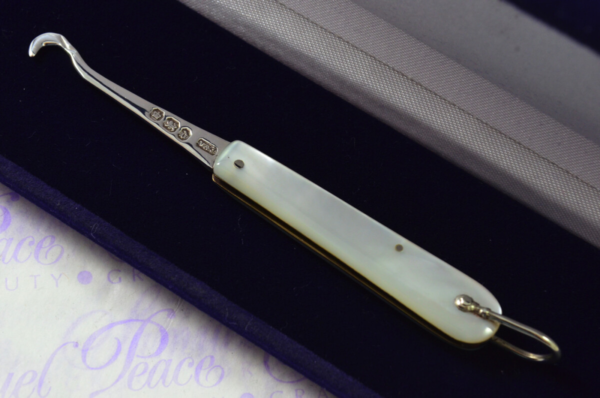 Fantastic Silver Bladed Mother Of Pearl Fully Restored Sheffield Made Folding Button Hook 1896