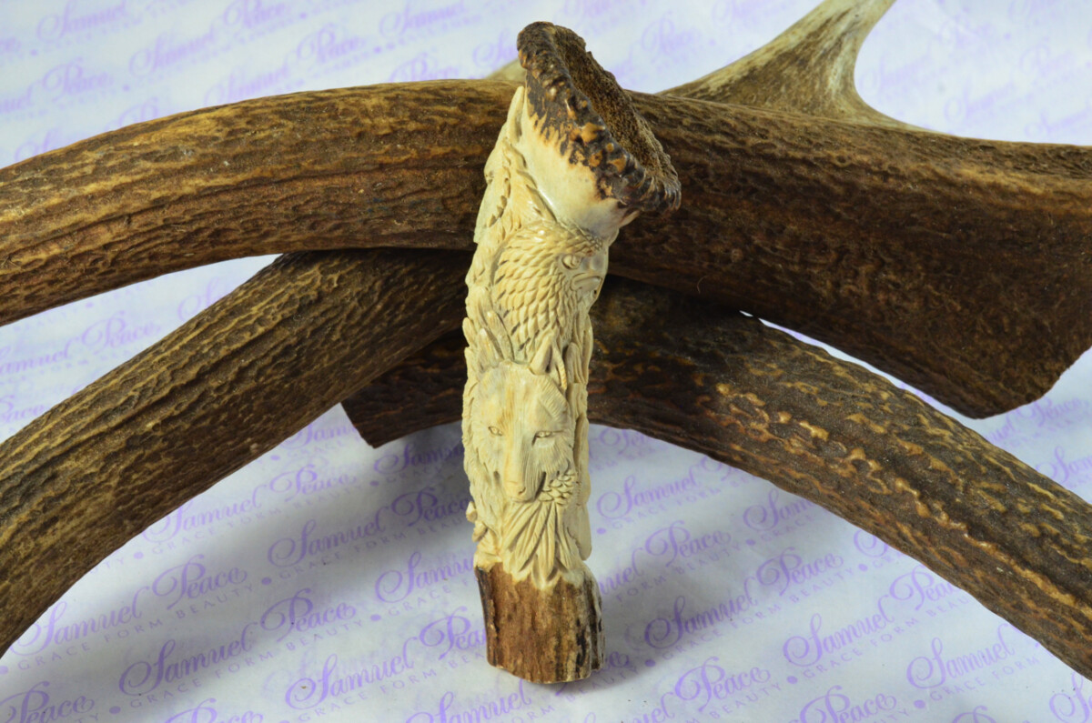 Rare Stag Crown Hand Carved Eagle & Fox Walking Stick Cane Top Handle Stag Antler Horn Made Sheffield England