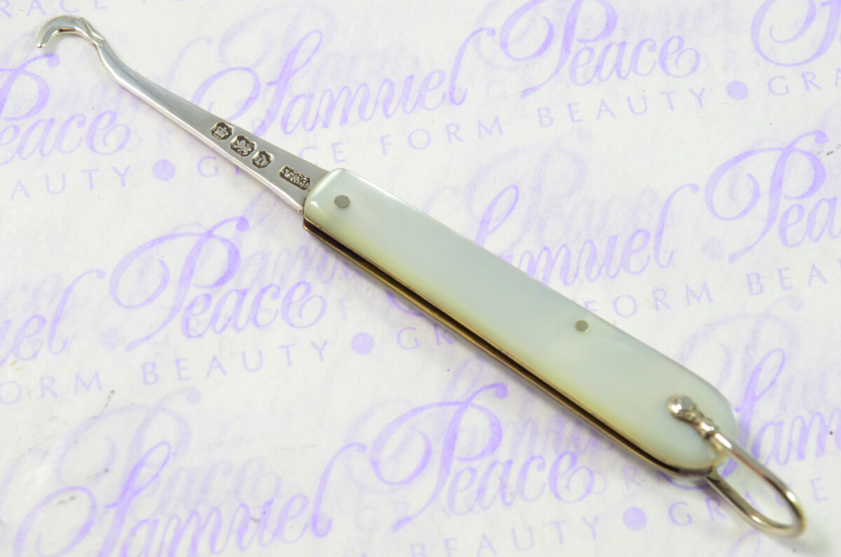 Fantastic Silver Bladed Mother Of Pearl Fully Restored Sheffield Made Folding Button Hook 1896 - Image 4