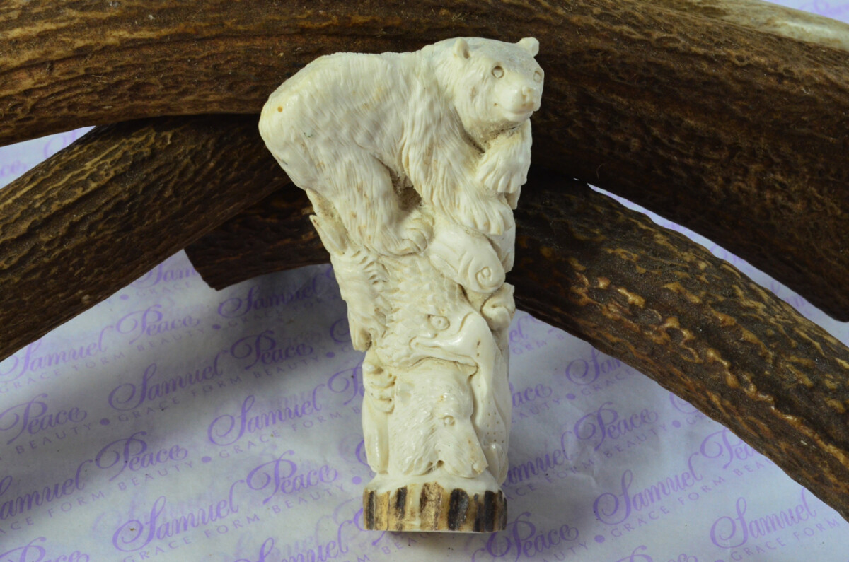 Delightful Hand Carved Brown Bear Walking Stick Cane Top Handle Stag Antler Horn Made Sheffield England