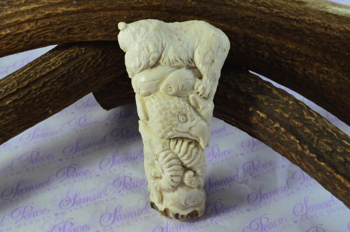 Delightful Hand Carved Brown Bear Walking Stick Cane Top Handle Stag Antler Horn Made Sheffield England - Image 2
