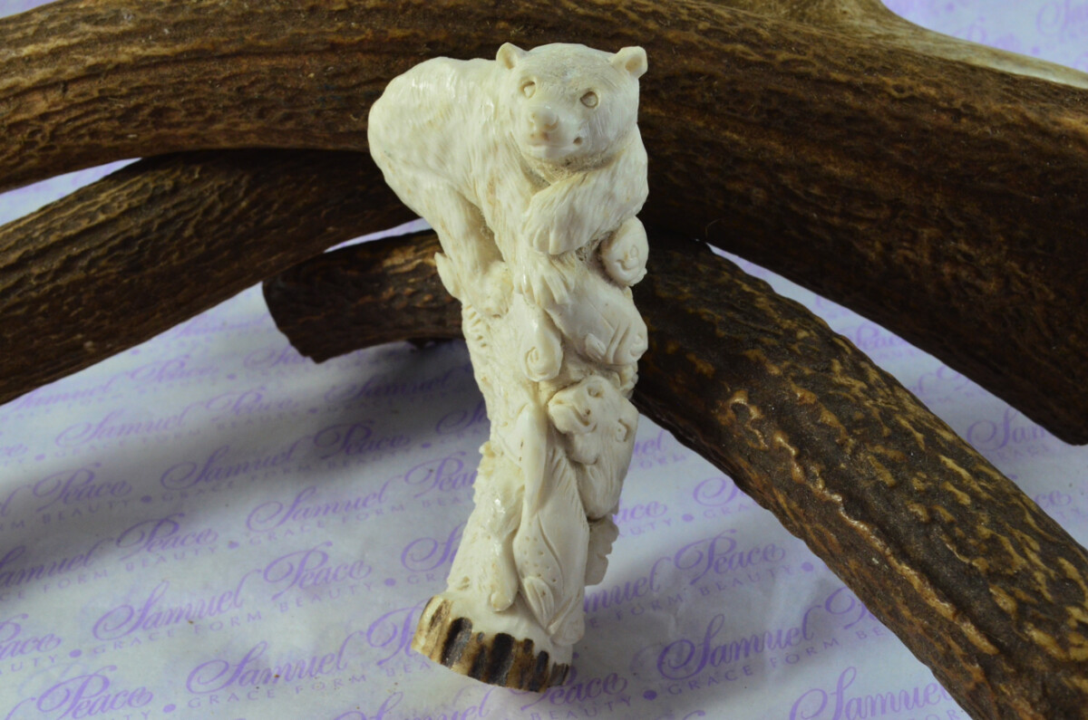 Delightful Hand Carved Brown Bear Walking Stick Cane Top Handle Stag Antler Horn Made Sheffield England - Image 3