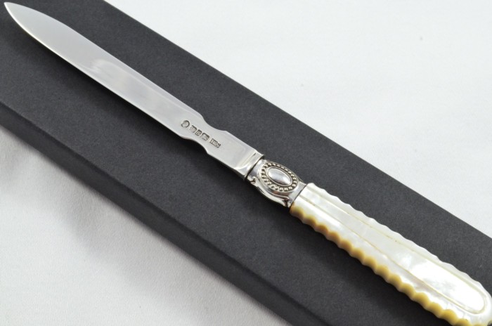 Amazing William Sansom Solid Silver Bladed and Carved Mother of Pearl Handled Letter Opener Sheffield 1838 Cased