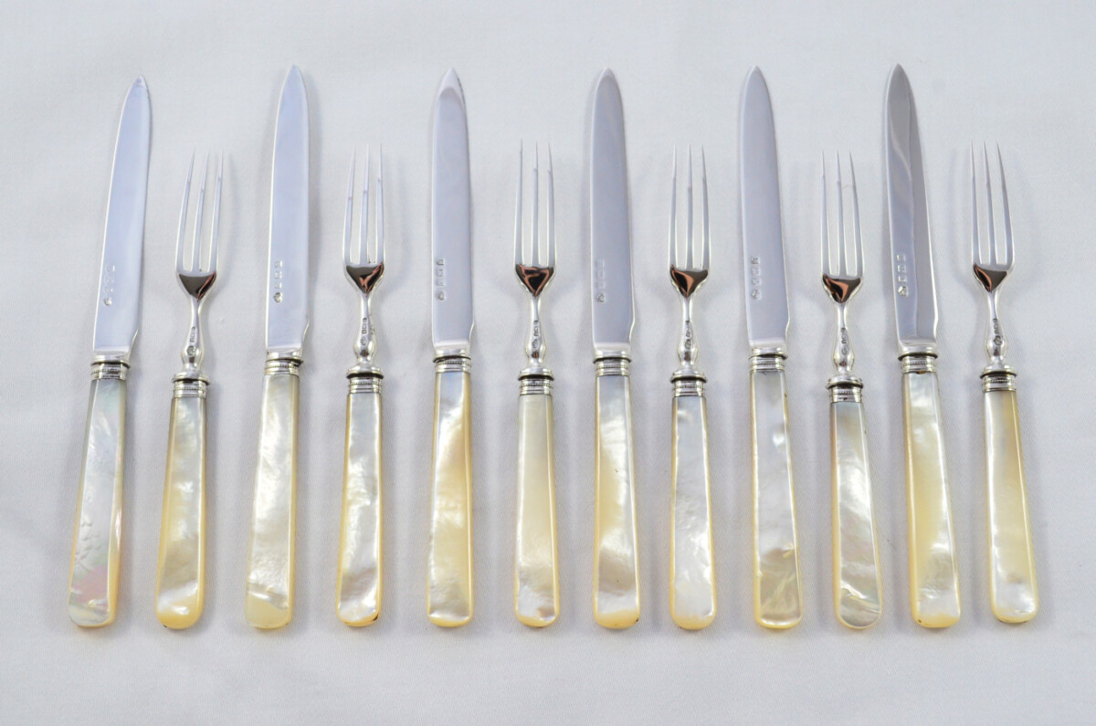 Elkington & Co Birmingham Set Of 6 & 6 Mother Of Pearl Handled Sterling Silver Knives and Forks 1912