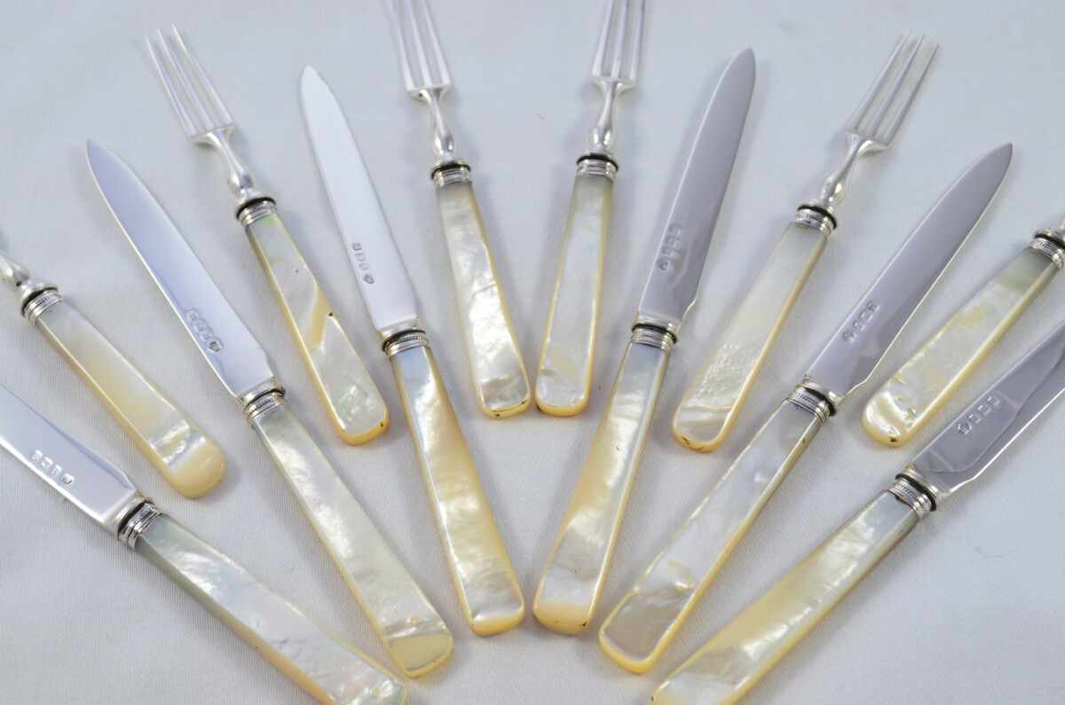 Elkington & Co Birmingham Set Of 6 & 6 Mother Of Pearl Handled Sterling Silver Knives and Forks 1912 - Image 2