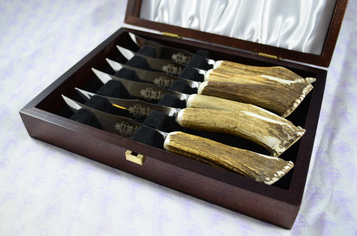 Six Full Crown Genuine Stag/Antler Handle Steak Knives Made Sheffield England Cased - Image 10