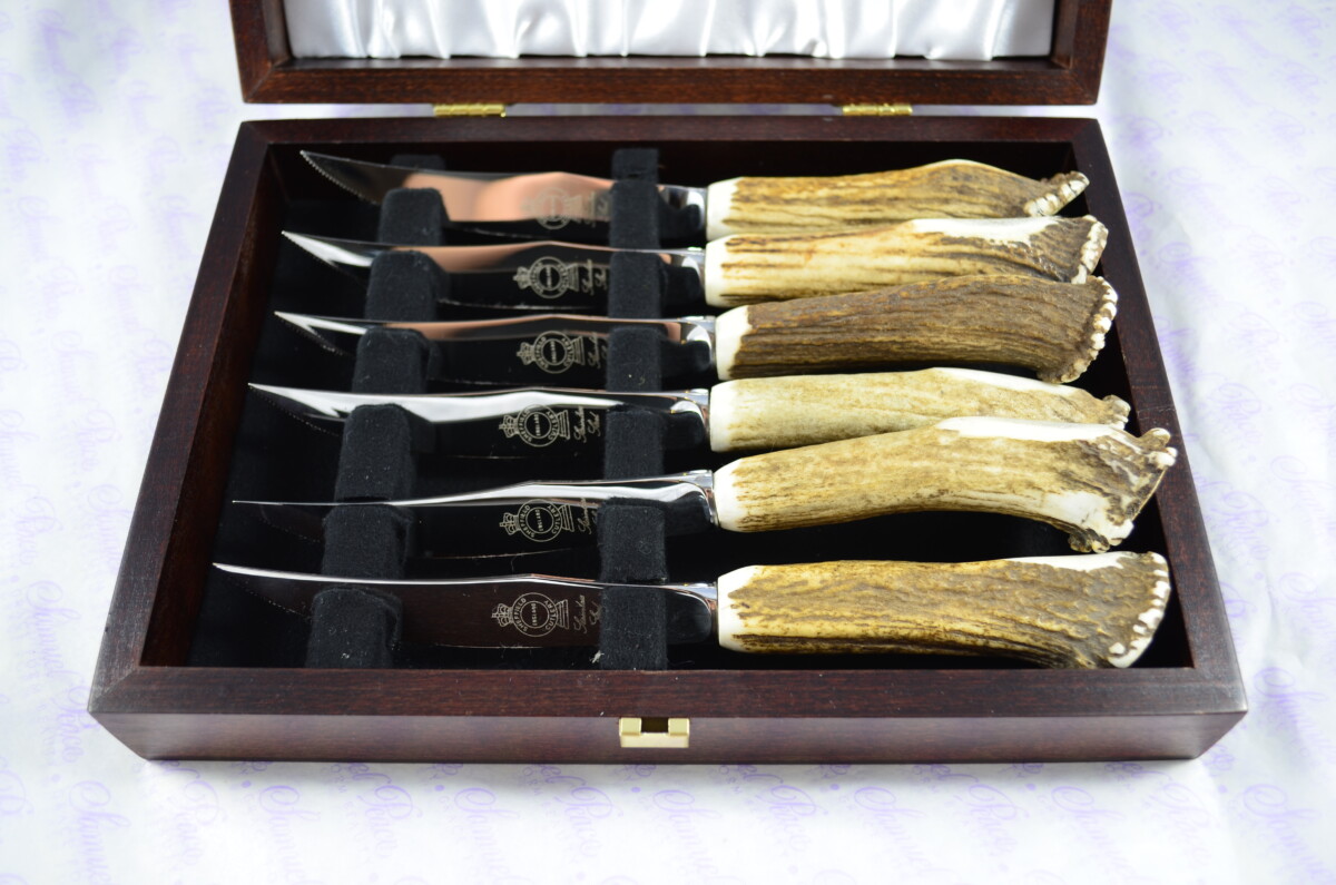 Six Full Crown Genuine Stag/Antler Handle Steak Knives Made Sheffield England Cased