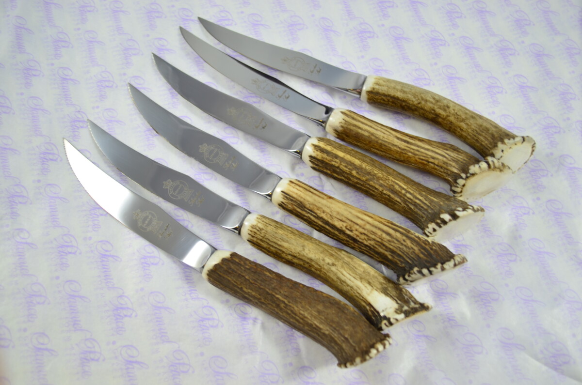 Six Full Crown Genuine Stag/Antler Handle Steak Knives Made Sheffield England Cased - Image 2