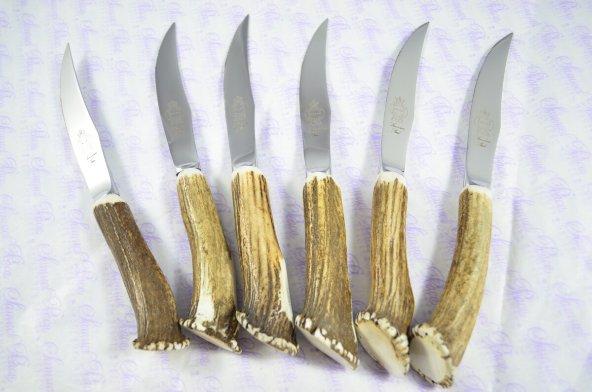 Six Full Crown Genuine Stag/Antler Handle Steak Knives Made Sheffield England Cased - Image 6