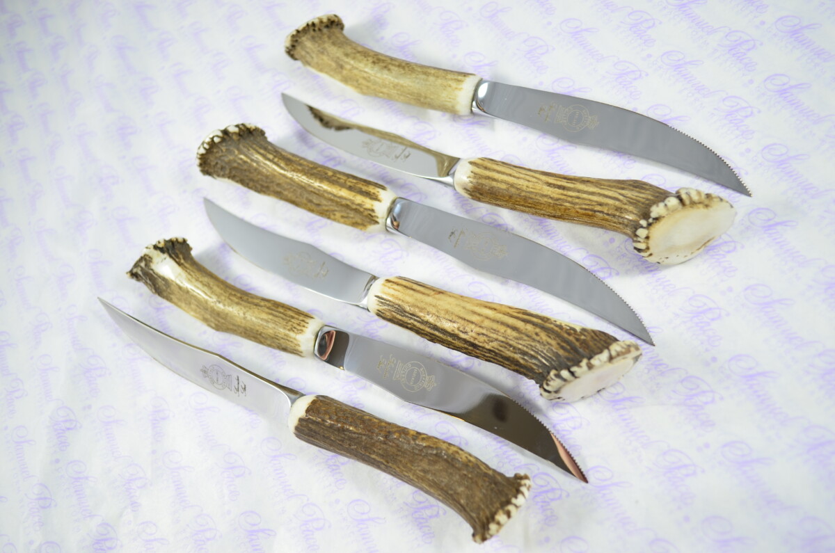 Six Full Crown Genuine Stag/Antler Handle Steak Knives Made Sheffield England Cased - Image 5