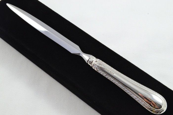 James Dixons & Sons Sterling Silver Handled Letter Opener Feather Edge Pattern Sheffield 1983 Cased
