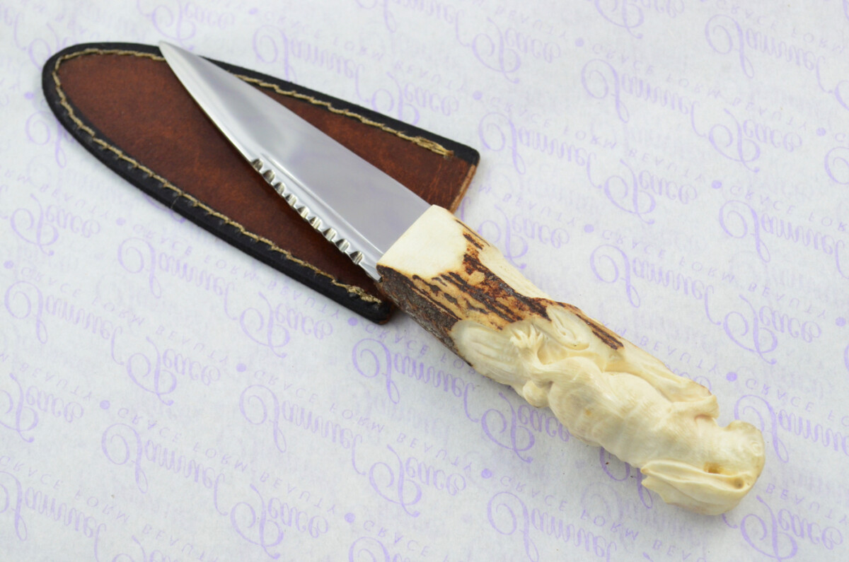 Amazing Bespoke Hand Carved Hare Stag Horn Antler Handle Sgian Dubh Carbon 01 Tool Steel Blade Sheffield England - Image 2