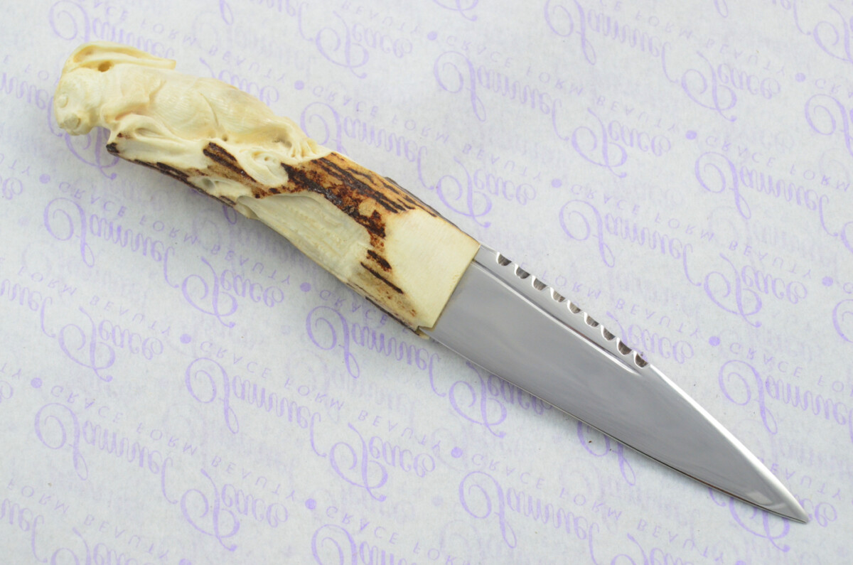 Amazing Bespoke Hand Carved Hare Stag Horn Antler Handle Sgian Dubh Carbon 01 Tool Steel Blade Sheffield England - Image 5
