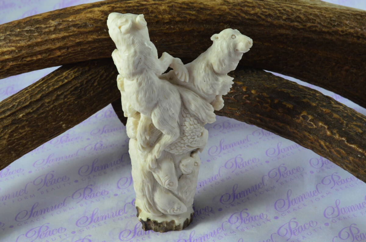 Outstanding Bear Cubs Hand Carved Walking Stick Cane Top Handle Stag Antler Horn Made Sheffield England - Image 2