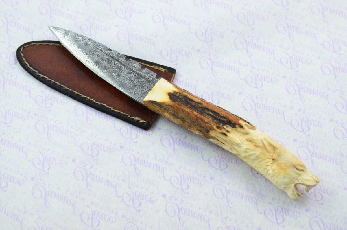 Amazing Bespoke Hand Carved Wolf Head Stag Horn Antler Handle Sgian Dubh Damascus Blade Sheffield England - Image 6