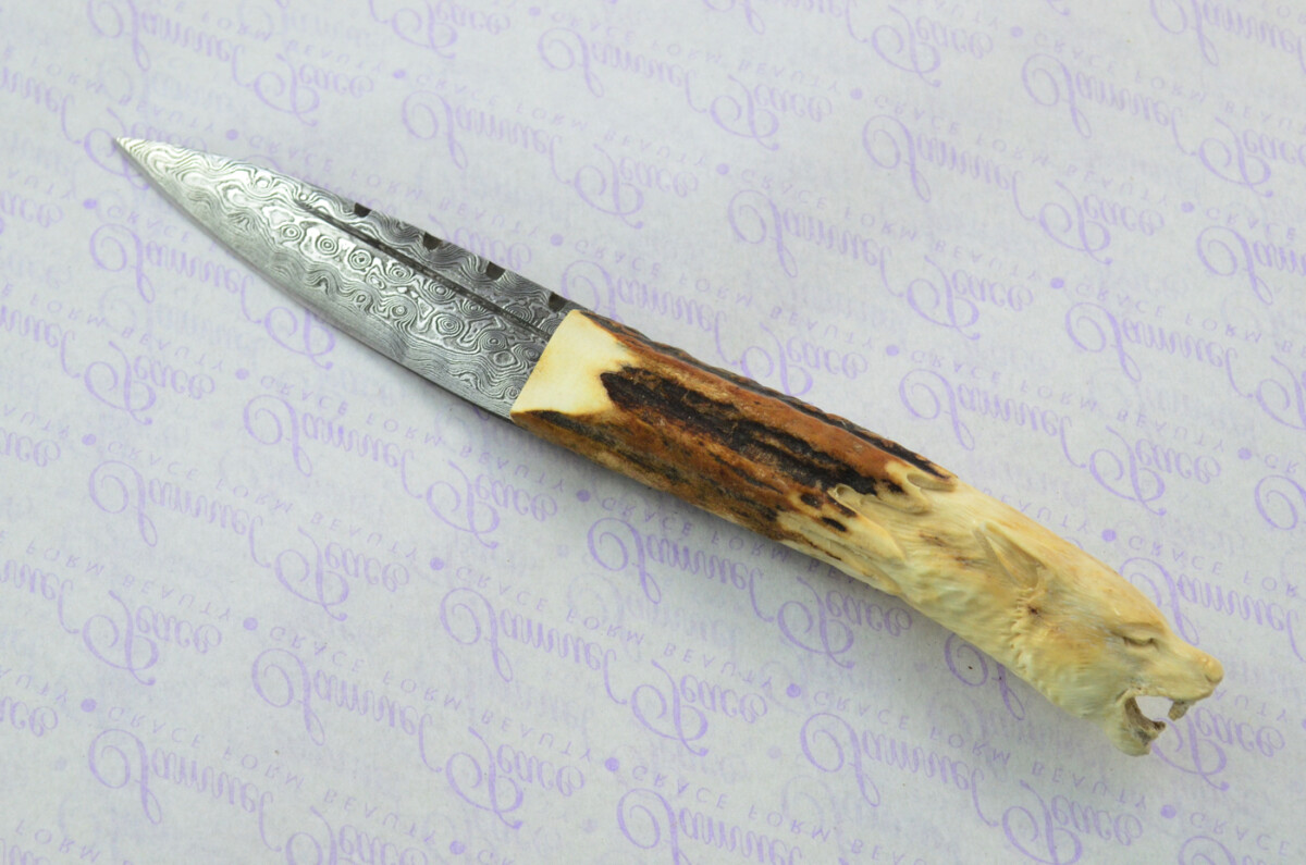 Amazing Bespoke Hand Carved Wolf Head Stag Horn Antler Handle Sgian Dubh Damascus Blade Sheffield England - Image 2