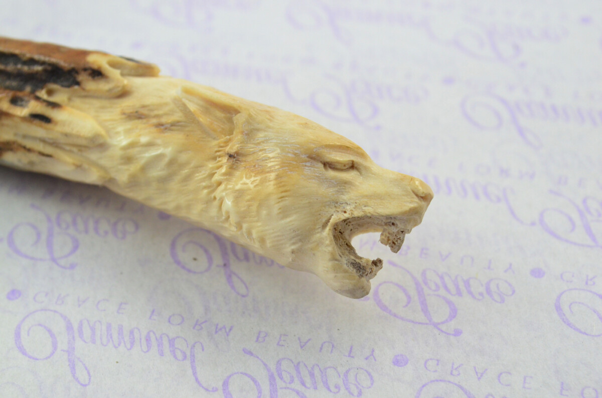 Amazing Bespoke Hand Carved Wolf Head Stag Horn Antler Handle Sgian Dubh Damascus Blade Sheffield England - Image 3