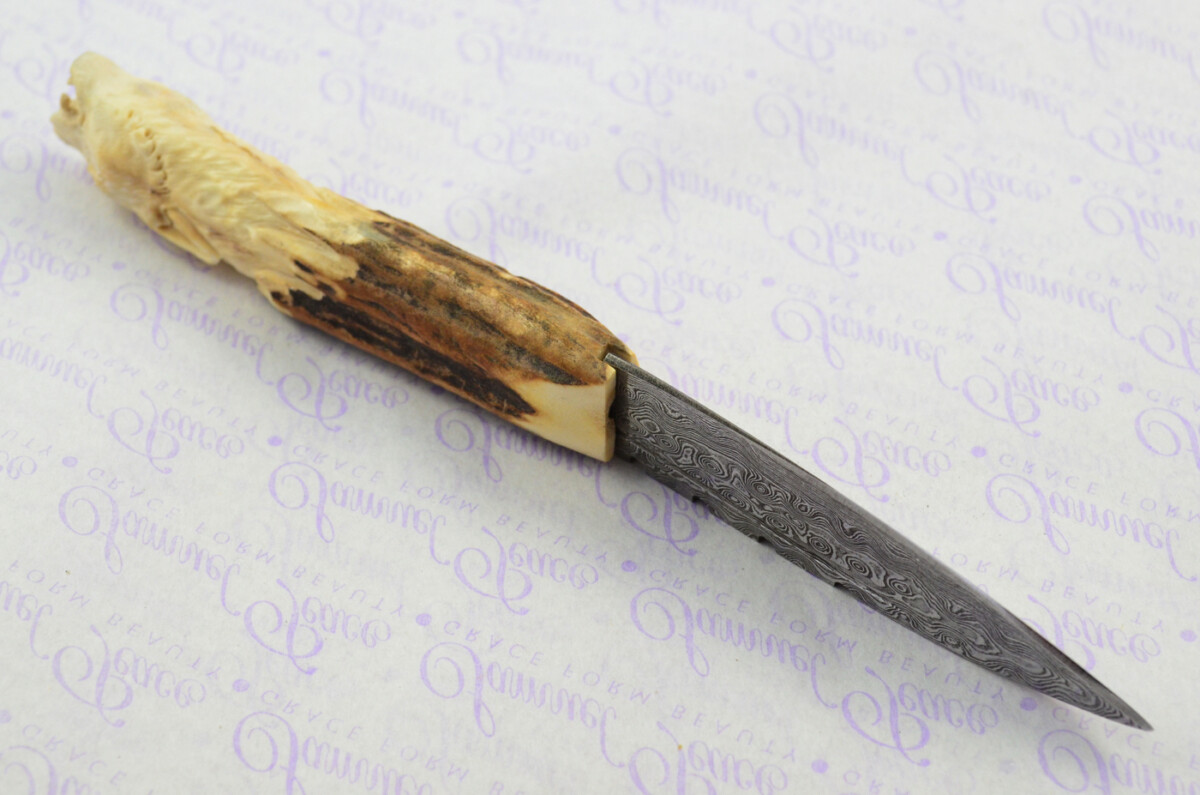 Amazing Bespoke Hand Carved Wolf Head Stag Horn Antler Handle Sgian Dubh Damascus Blade Sheffield England - Image 4
