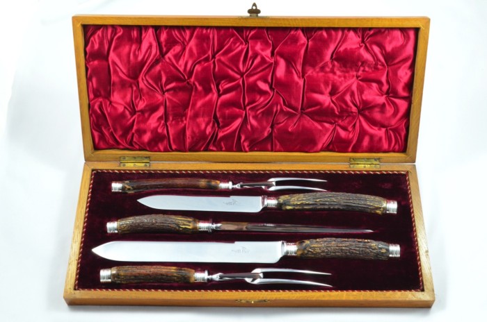 Astonishing Walker & Hall Sheffield 5 Piece Sambar Stag Handled Solid Silver Capped and Ferruled Carving Set 1891