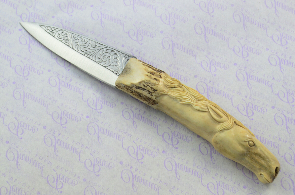 Astonishing Bespoke Hand Carved Horse Stag Horn Antler Handle Sgian Dubh Hand Engraved Blade Sheffield England - Image 5