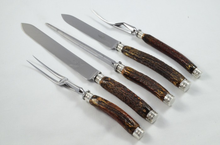 Astonishing Walker & Hall Sheffield 5 Piece Sambar Stag Handled Solid Silver Capped and Ferruled Carving Set 1891 - Image 2