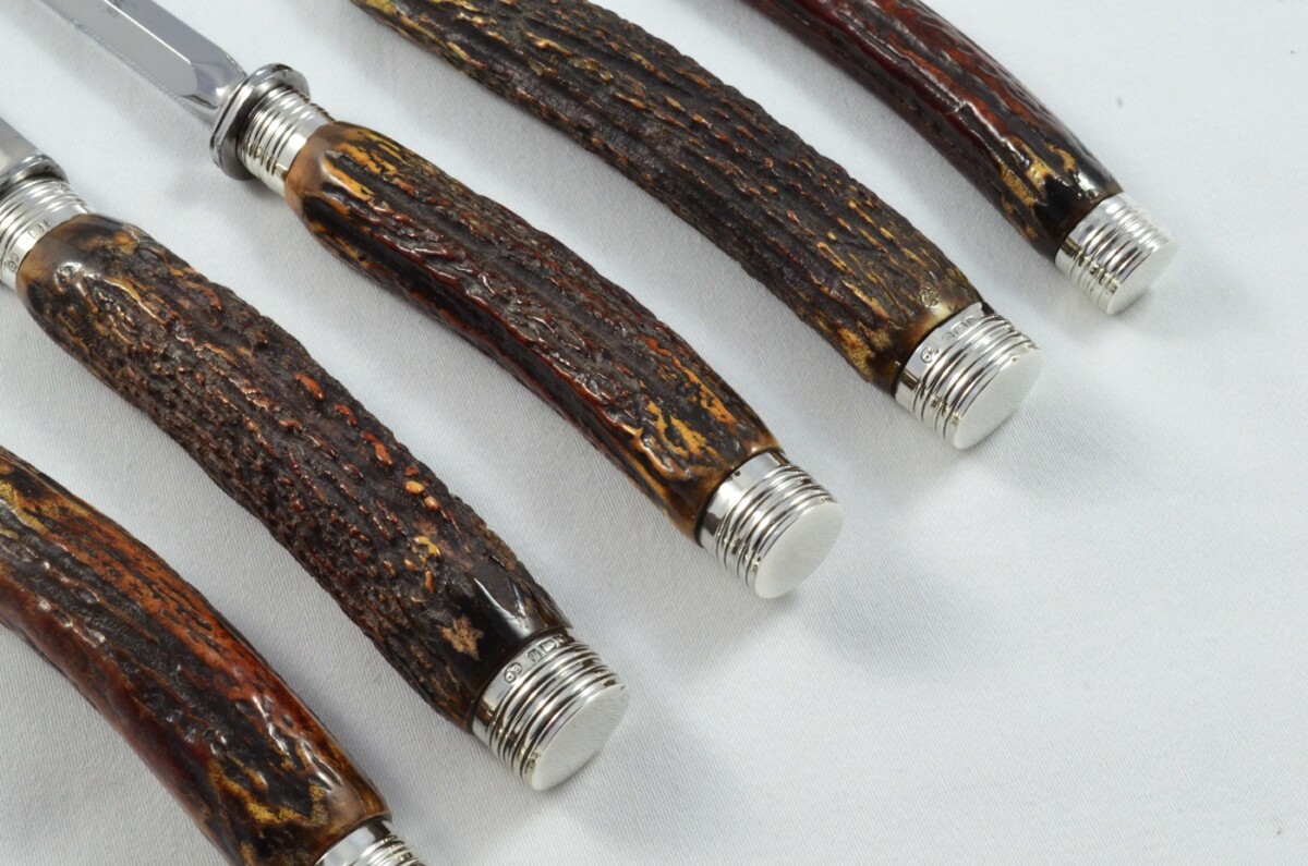 Astonishing Walker & Hall Sheffield 5 Piece Sambar Stag Handled Solid Silver Capped and Ferruled Carving Set 1891 - Image 3