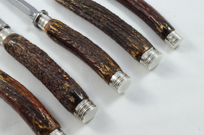 Astonishing Walker & Hall Sheffield 5 Piece Sambar Stag Handled Solid Silver Capped and Ferruled Carving Set 1891 - Image 3