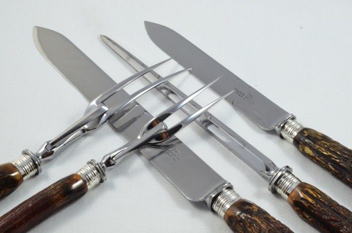 Astonishing Walker & Hall Sheffield 5 Piece Sambar Stag Handled Solid Silver Capped and Ferruled Carving Set 1891 - Image 4