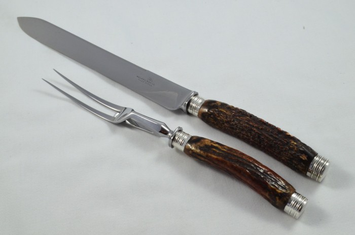 Astonishing Walker & Hall Sheffield 5 Piece Sambar Stag Handled Solid Silver Capped and Ferruled Carving Set 1891 - Image 5