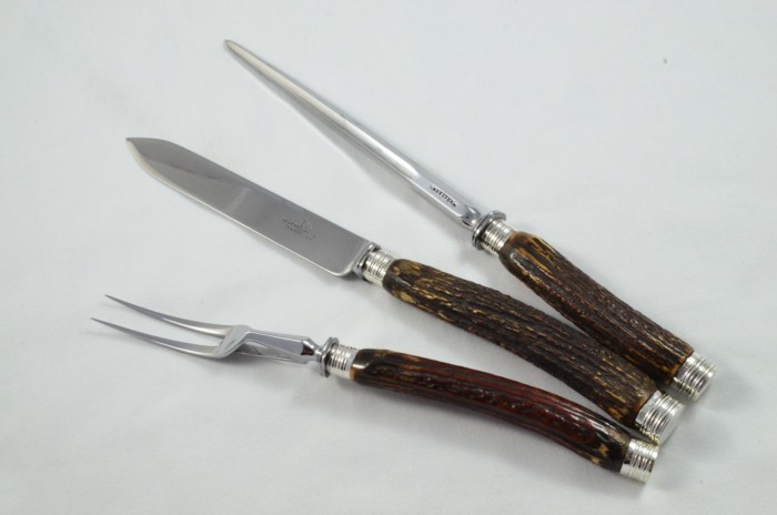 Astonishing Walker & Hall Sheffield 5 Piece Sambar Stag Handled Solid Silver Capped and Ferruled Carving Set 1891 - Image 6