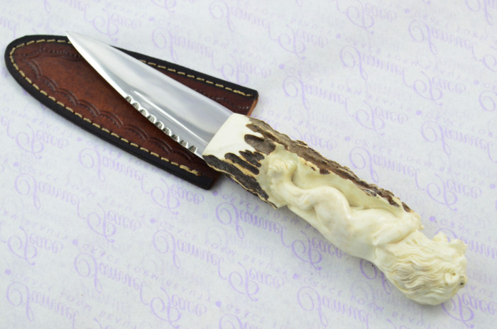 Amazing Bespoke Hand Carved Lion Stag Horn Antler Handle Sgian Dubh Carbon 01 Tool Steel Blade Sheffield England - Image 2