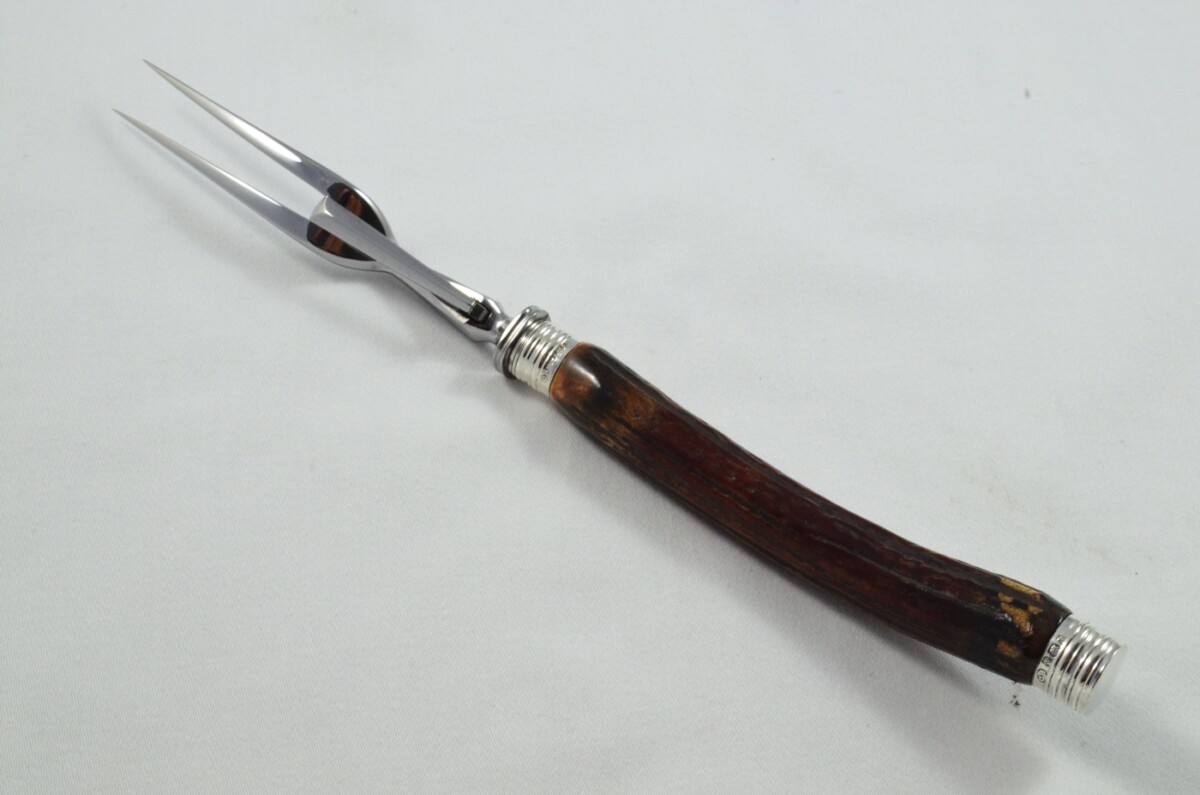 Astonishing Walker & Hall Sheffield 5 Piece Sambar Stag Handled Solid Silver Capped and Ferruled Carving Set 1891 - Image 7