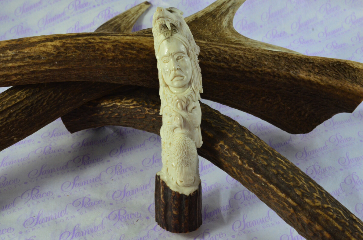 American Indian Hand Carved Walking Stick Cane Top Handle Stag Antler Horn Made Sheffield England