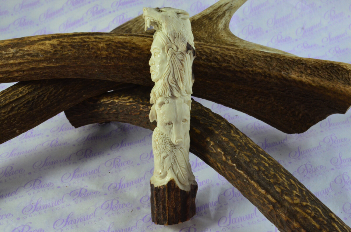 American Indian Hand Carved Walking Stick Cane Top Handle Stag Antler Horn Made Sheffield England - Image 2