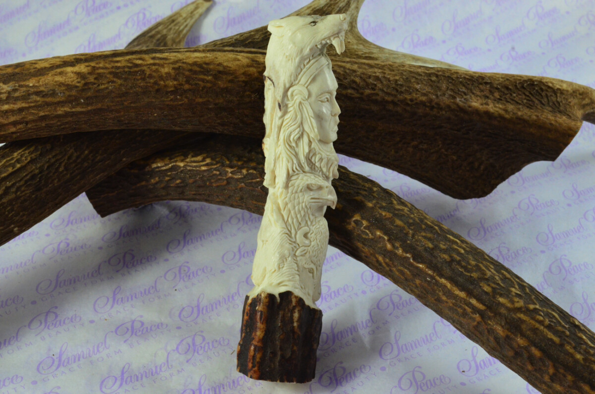 American Indian Hand Carved Walking Stick Cane Top Handle Stag Antler Horn Made Sheffield England - Image 3