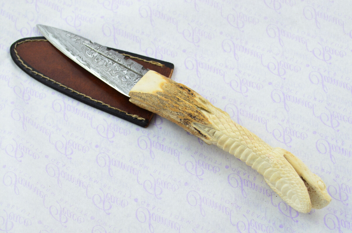 Amazing Bespoke Hand Carved Snakes Head Stag Horn Antler Handle Sgian Dubh Damascus Blade Sheffield England - Image 2