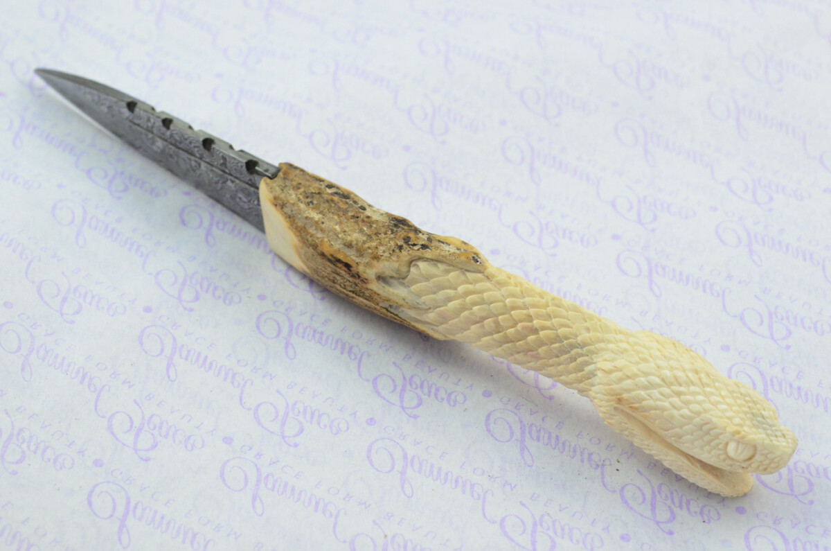 Amazing Bespoke Hand Carved Snakes Head Stag Horn Antler Handle Sgian Dubh Damascus Blade Sheffield England - Image 4