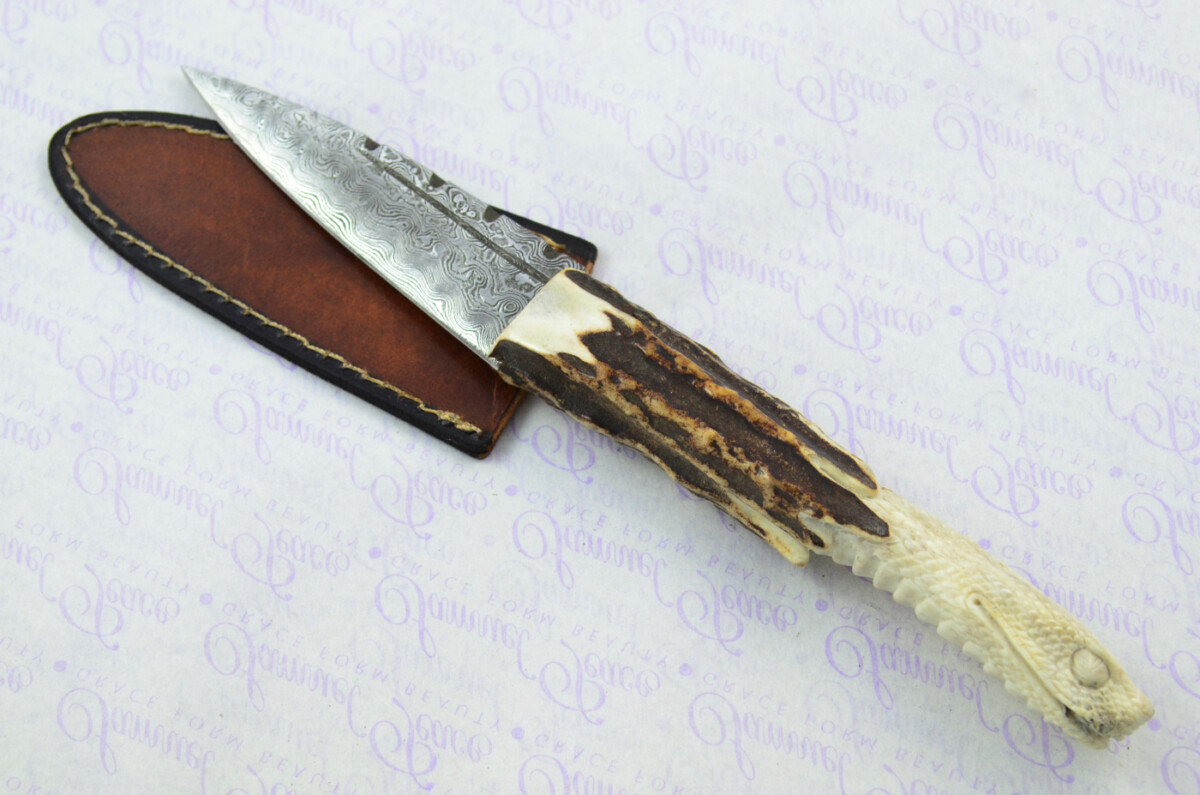Amazing Bespoke Hand Carved Snakes Head Stag Horn Antler Handle Sgian Dubh Damascus Blade Sheffield England - Image 2