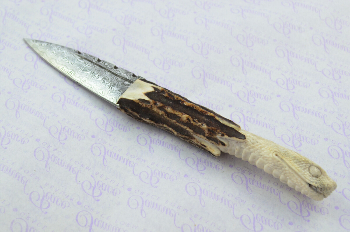Amazing Bespoke Hand Carved Snakes Head Stag Horn Antler Handle Sgian Dubh Damascus Blade Sheffield England - Image 3
