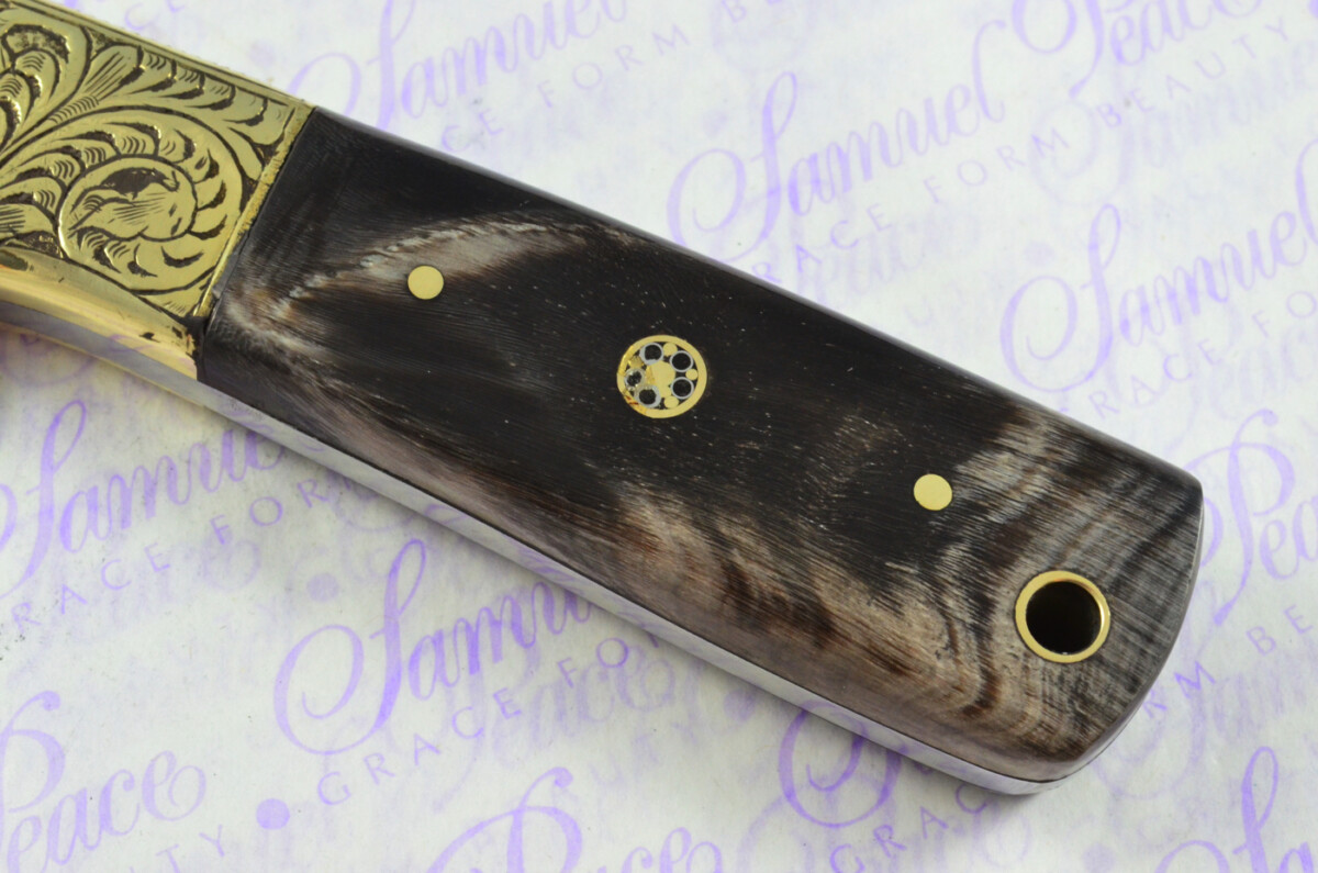 New Fantastic Hand Engraved Carbon 01 Tool Steel Hunting/Bowie Knife Buffalo Scales Unbelievable Piece Pristine inc Leather Sheath - Image 5