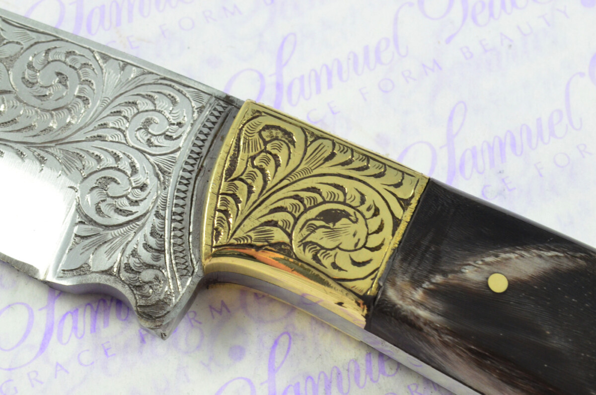 New Fantastic Hand Engraved Carbon 01 Tool Steel Hunting/Bowie Knife Buffalo Scales Unbelievable Piece Pristine inc Leather Sheath - Image 6
