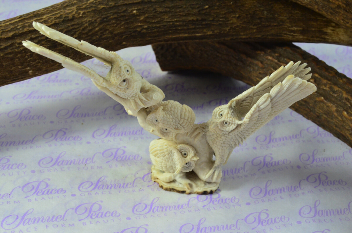 Remarkable Parliament of Owls Hand Carved Walking Stick Cane Top Handle Stag Antler Horn Made Sheffield England