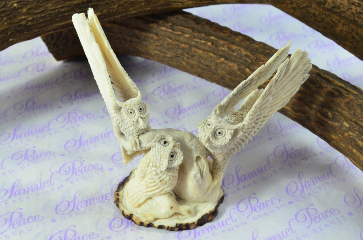 Stunning Parliament of Owls Hand Carved Walking Stick Cane Top Handle Stag Antler Horn Made Sheffield England