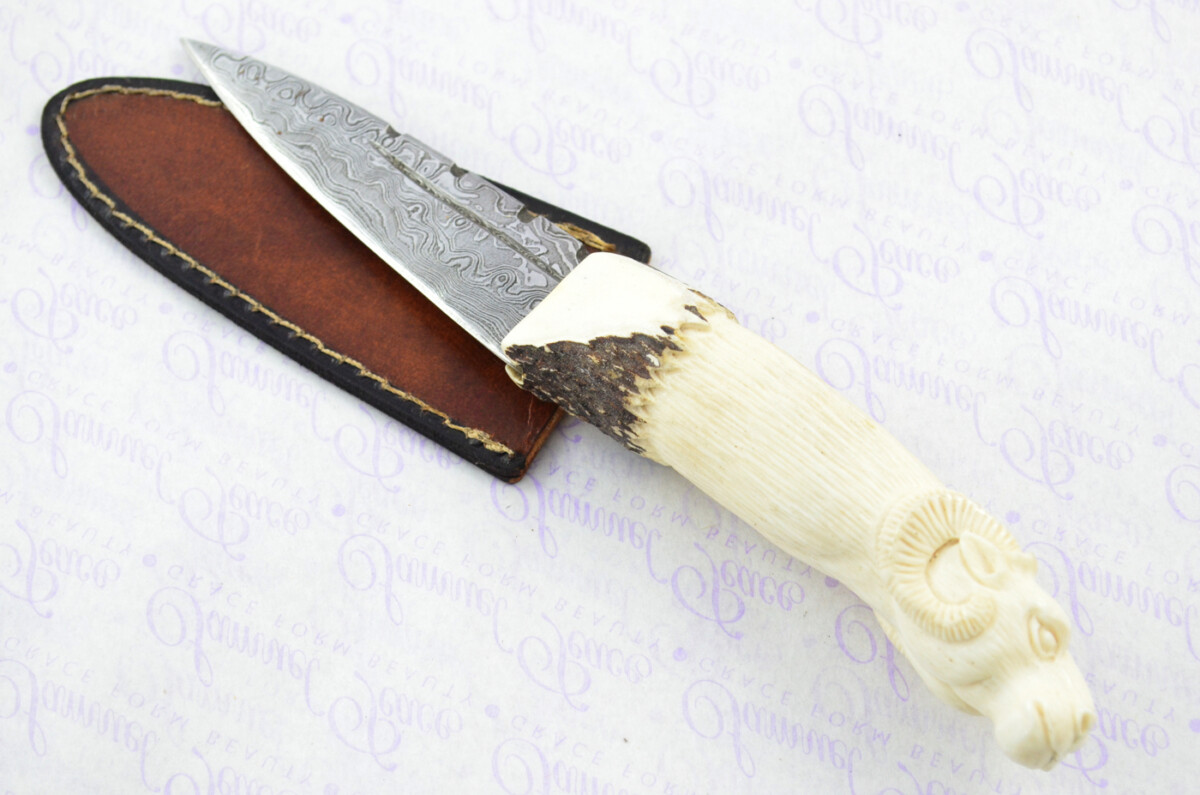 Amazing Bespoke Hand Carved Rams Head Stag Horn Antler Handle Sgian Dubh Damascus Blade Sheffield England - Image 2