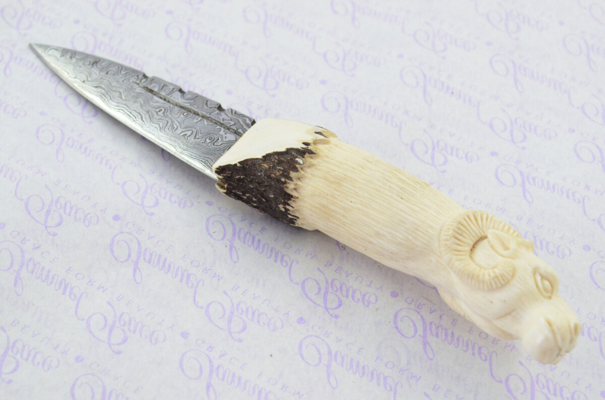 Amazing Bespoke Hand Carved Rams Head Stag Horn Antler Handle Sgian Dubh Damascus Blade Sheffield England - Image 6